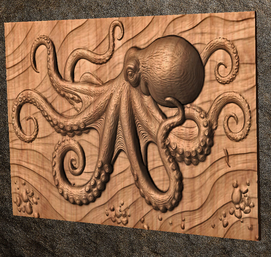 Octopus Ocean Relief STL File – CNC Wood Carving Design