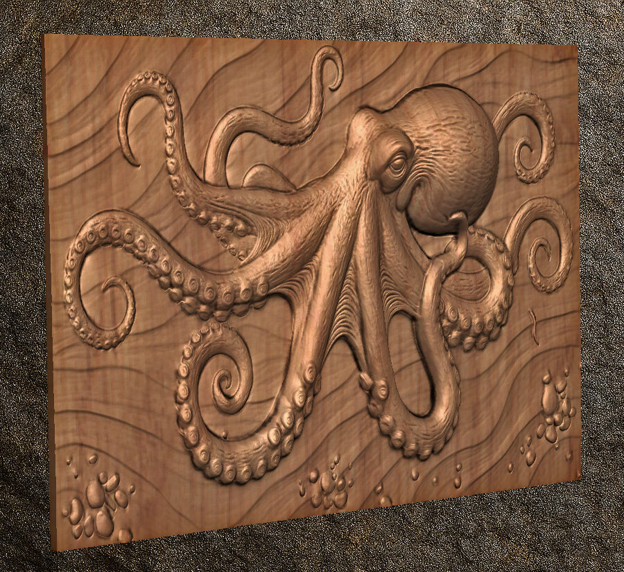 Octopus Ocean Relief STL File – CNC Wood Carving Design