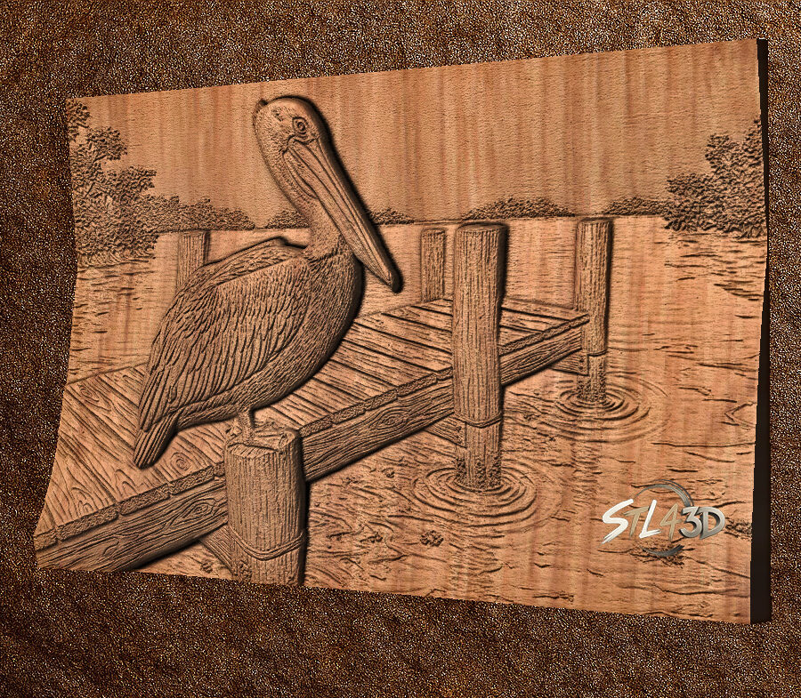 Pelican on Dock 1 Pelican on Dock STL File for Wood Carving