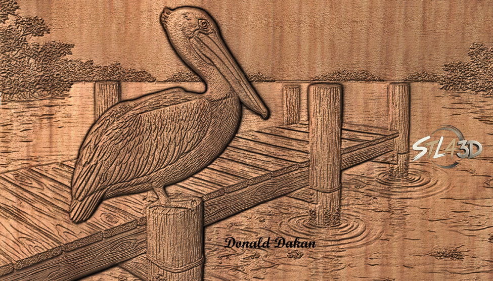 Pelican on Dock STL File for Wood Carving